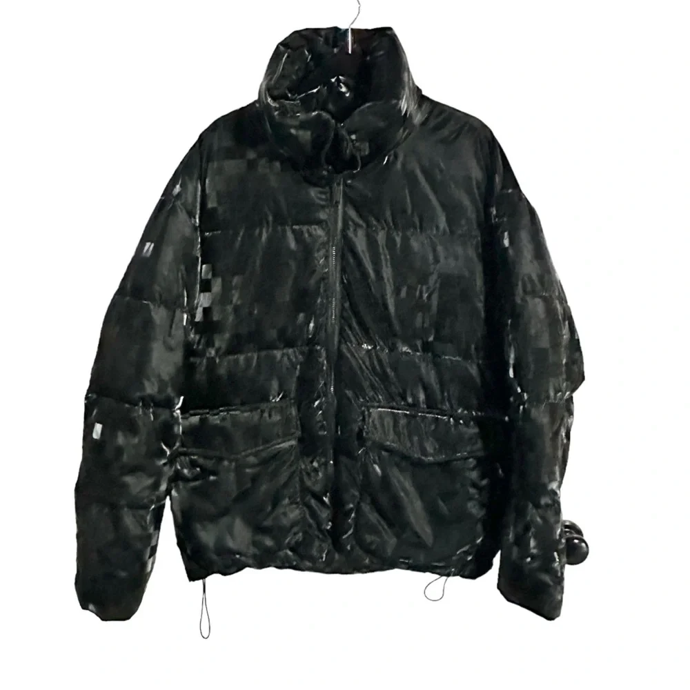 Karl Lagerfeld Paris Men's Shiny Bitmap Printed Black Down Puffer Jacket M NWOT - Picture 4 of 9